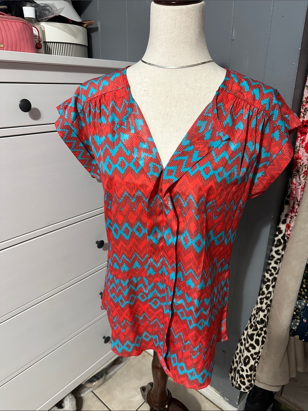 miami Red and Turquoise Geometric V-Neck Flutter Sleeve Blouse